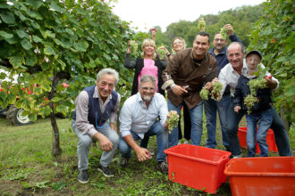 Vendemmia solidale - da sx in basso Angelo Righetti, Ernesto Balbinot, Andrea Ciccolella, Luca Zaia, Sammy Basso, da sx in alto Silvana Ceschin, Sibylle Righetti e Maurizio Gelati